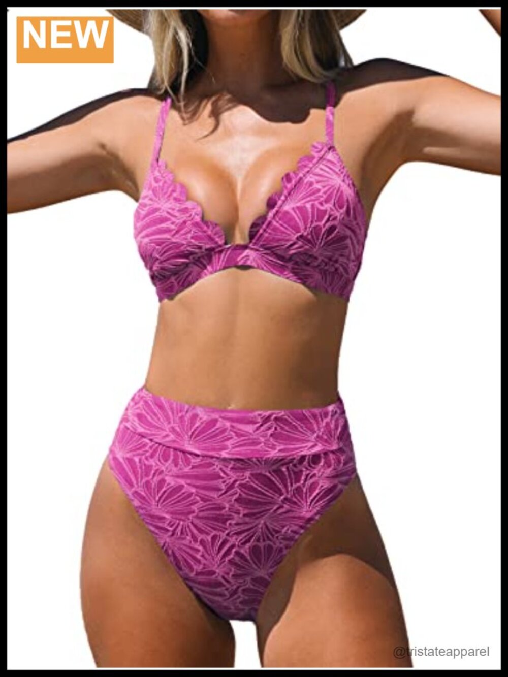 High Waisted Scalloped Bikini Set Triangle Top Crisscross Back Swimsuit